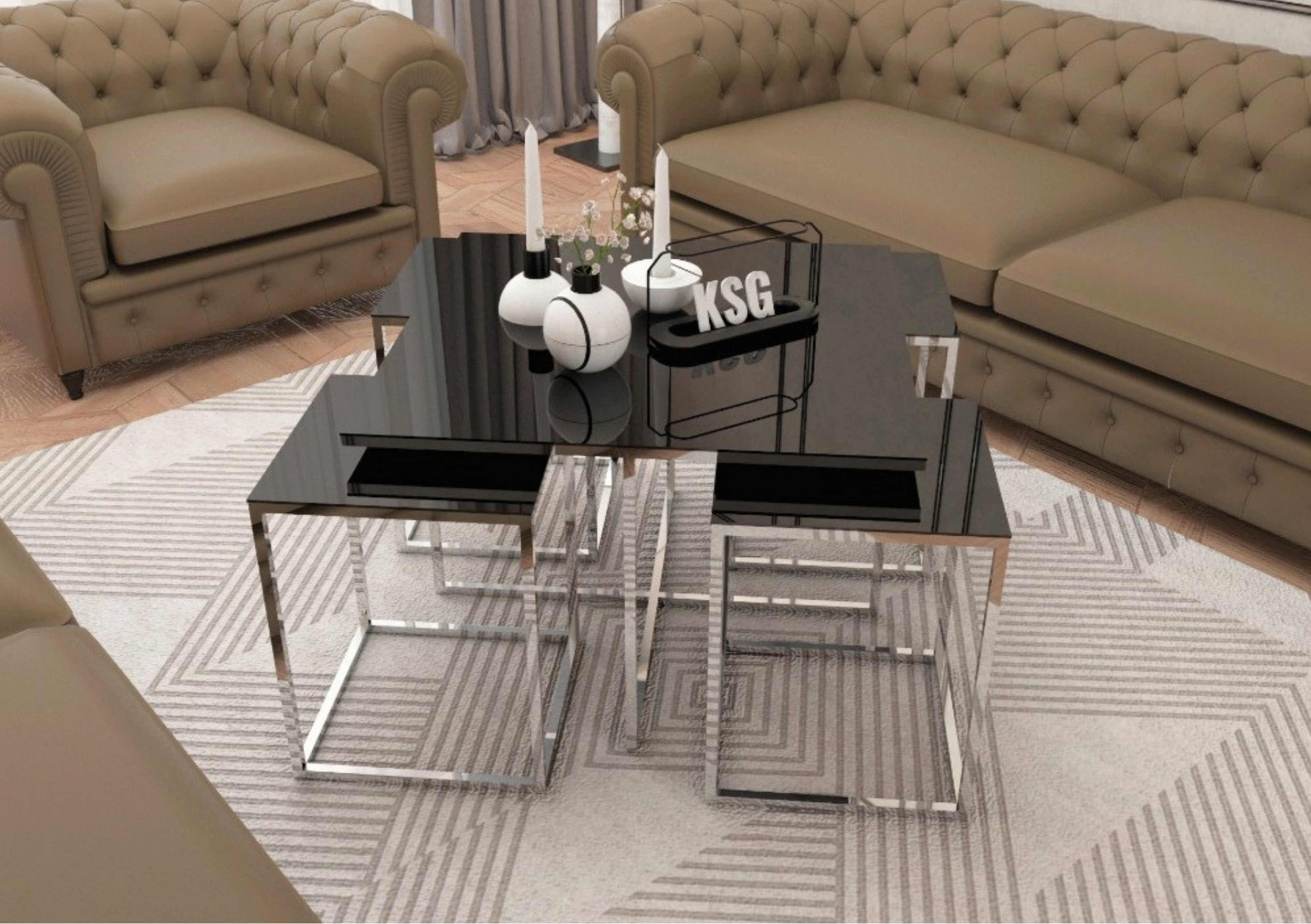 PIZZA Set de Mesas Cuadradas de Lujo  Negro con Vidrio Templado y Base Cromada