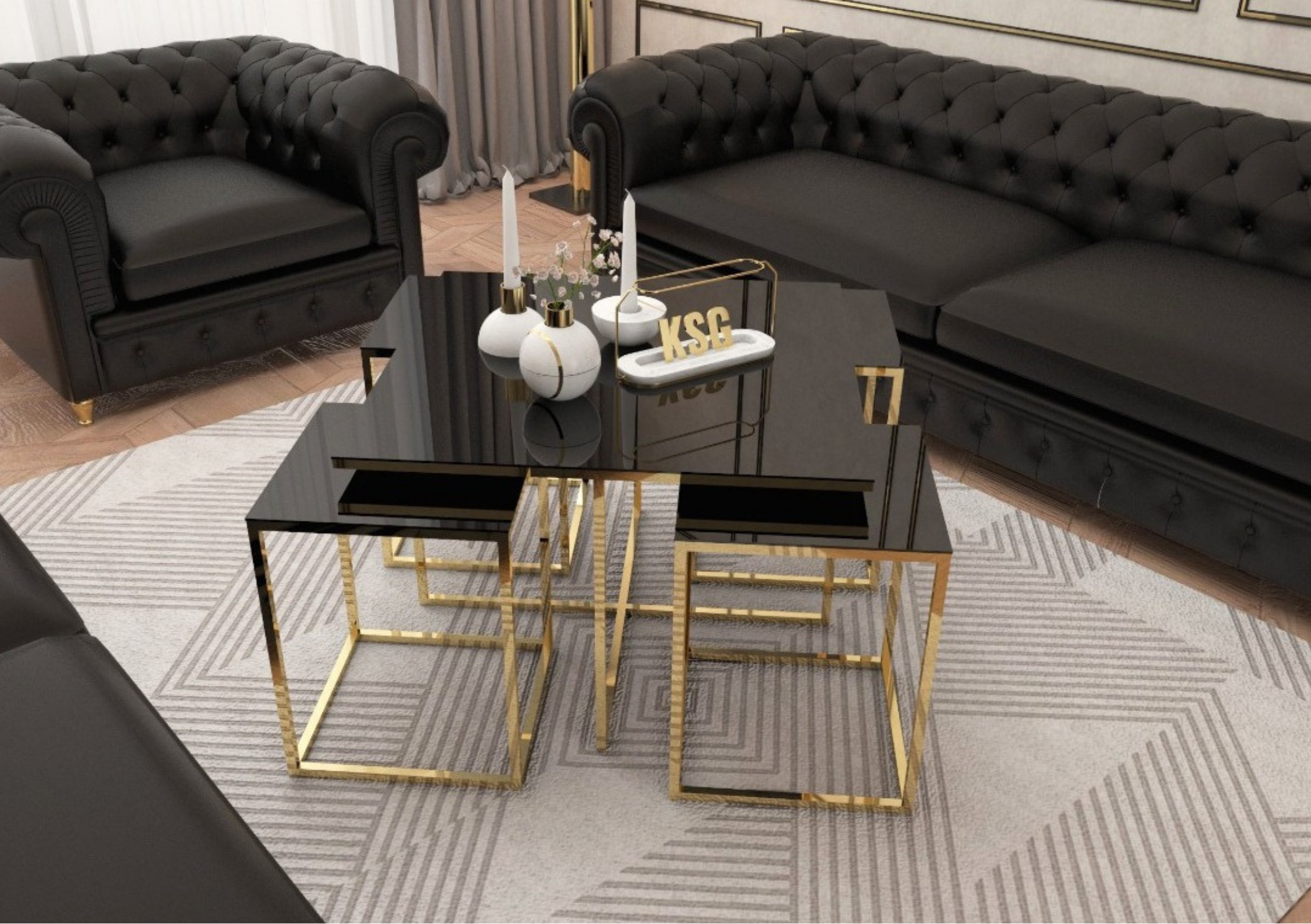 PIZZA Set de Mesas Cuadradas Premium Negro con Vidrio Templado y Base Gold