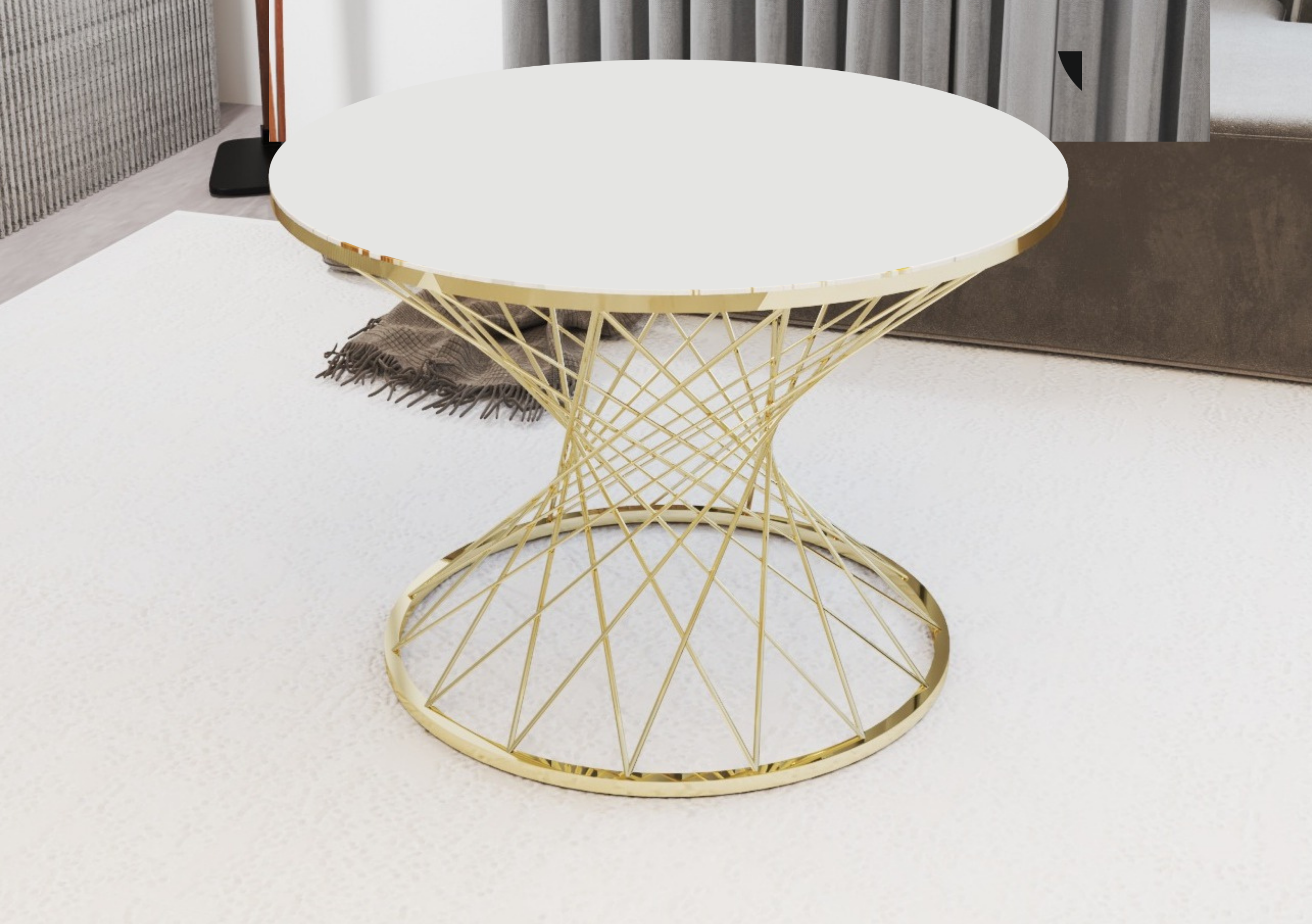 POTA Mesa de Centro Redonda Elegante  Blanco  Vidrio Templado y Base Gold