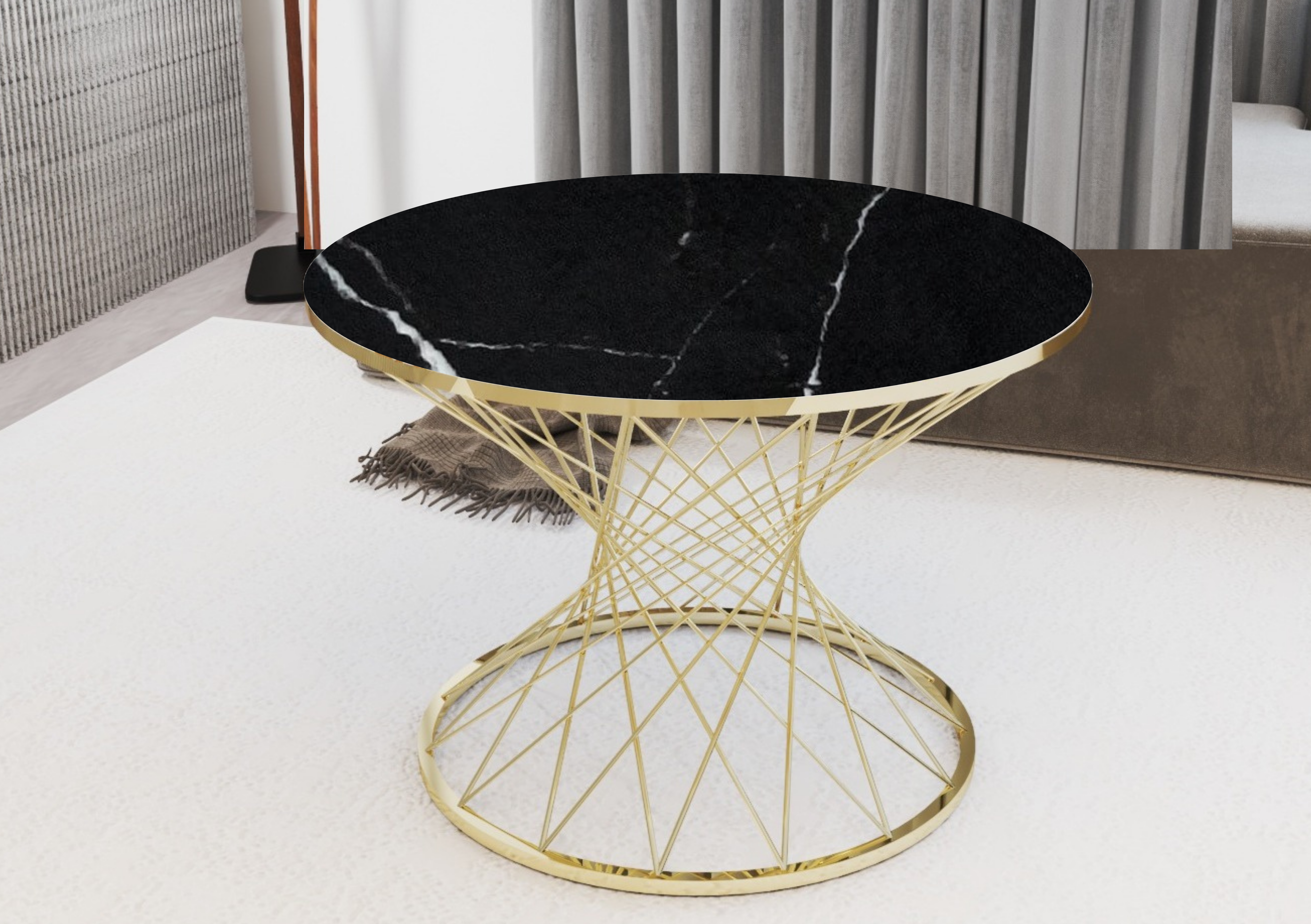 POTA Mesa de Centro Redonda Sofisticada en Mármol Negro con Vidrio Templado y Base Gold