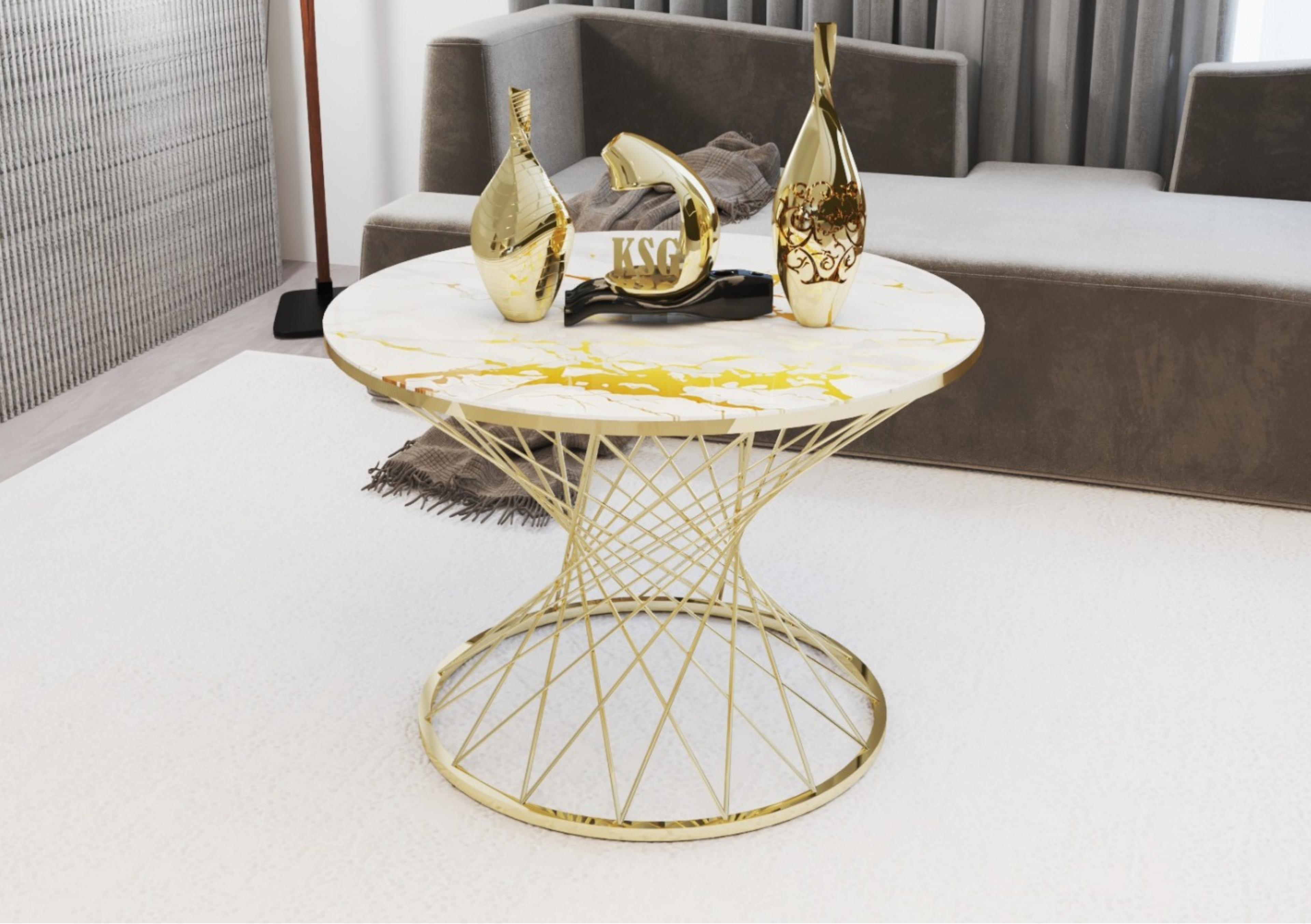 POTA Mesa de Centro Redonda Minimalista en Vidrio Blanco Templado con Base Gold