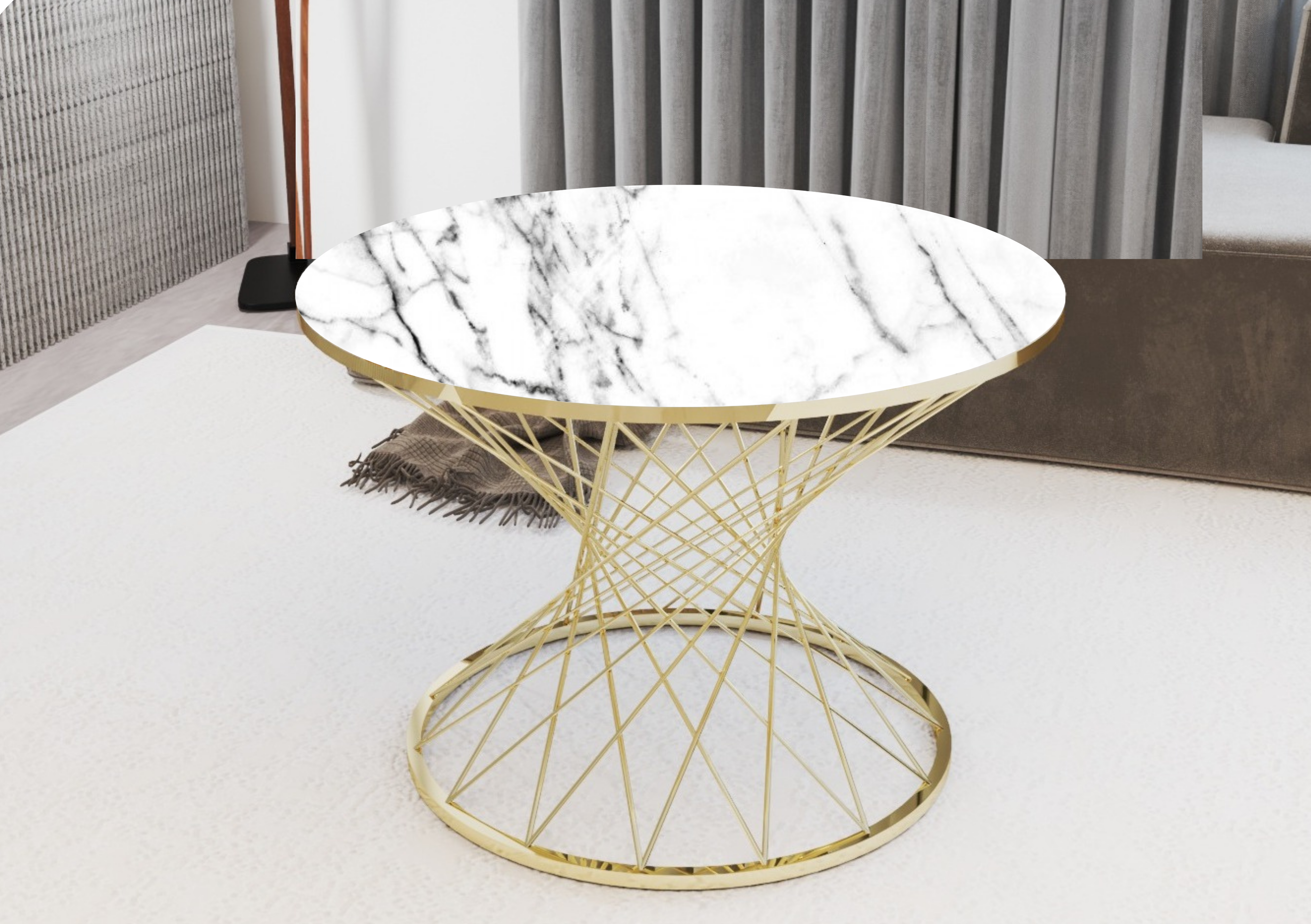 POTA Mesa de Centro Redonda Premium en Mármol Blanco con Vidrio Templado y Base Gold