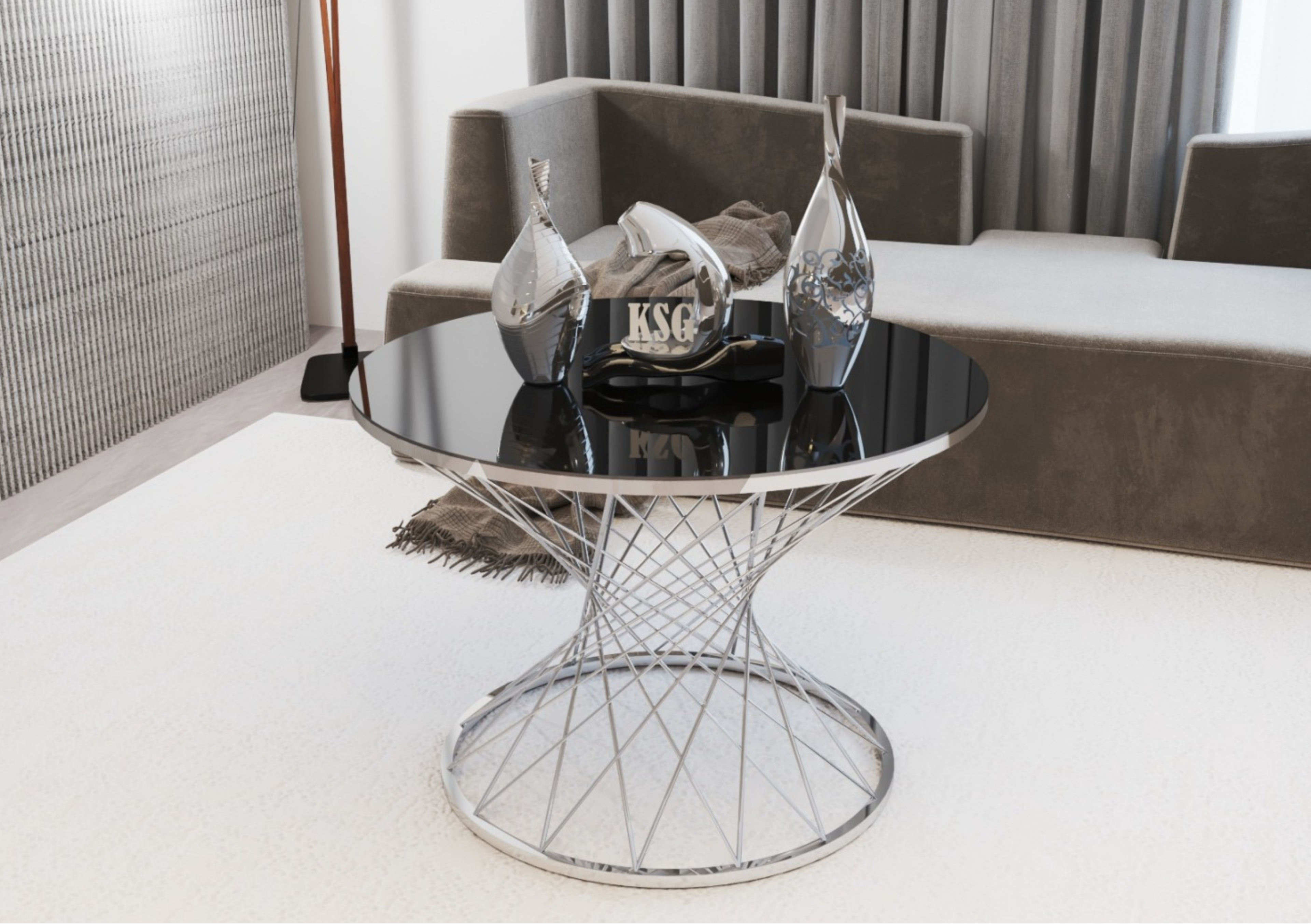 Mesa de Centro Redonda Moderna en Vidrio Negro Templado con Base Cromada