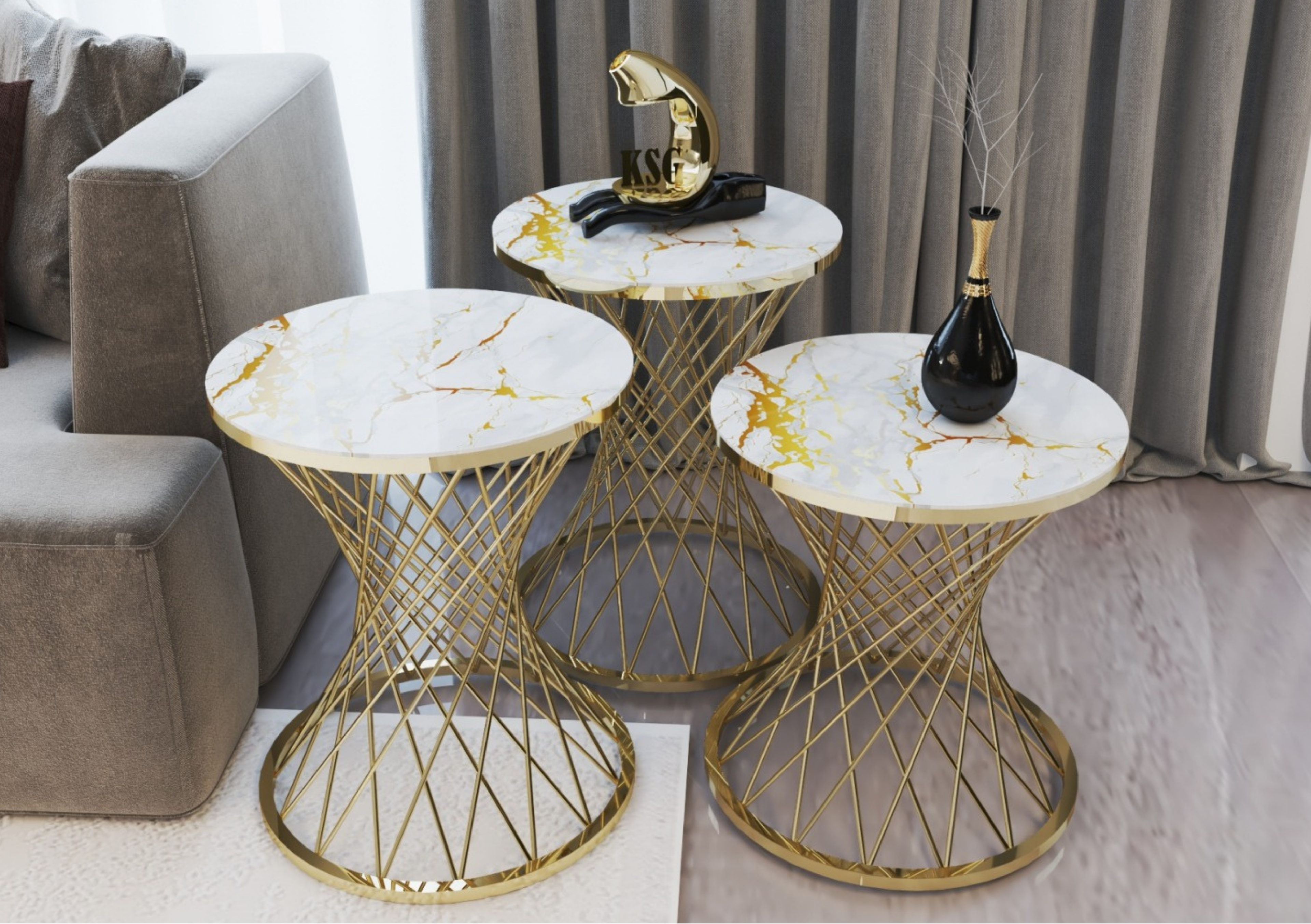 POTA Mesa Nido Redonda Minimalista en Vidrio Blanco Templado con Base Gold