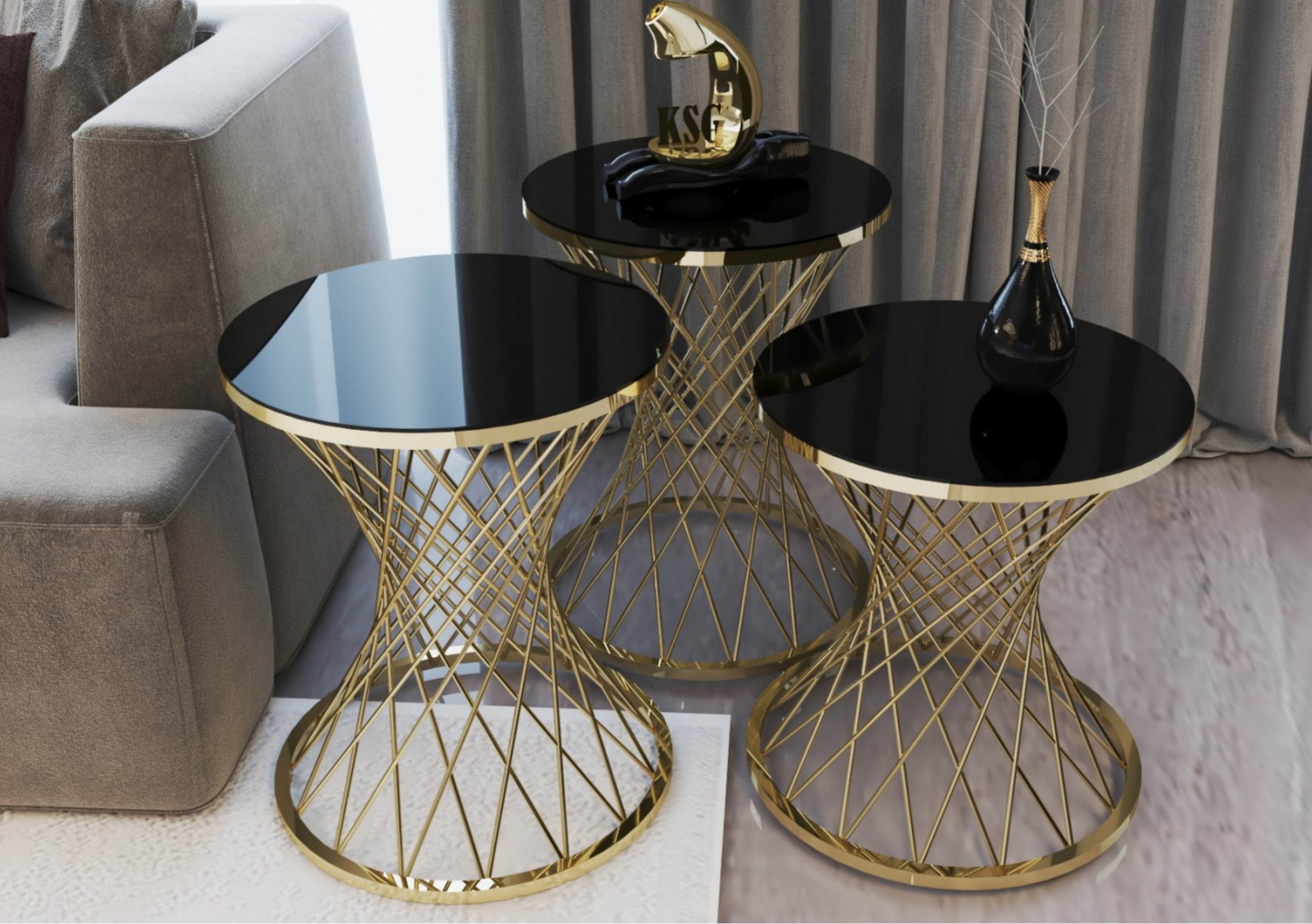 POTA Mesa Nido Redonda Moderna en Vidrio Negro Templado con Base Gold