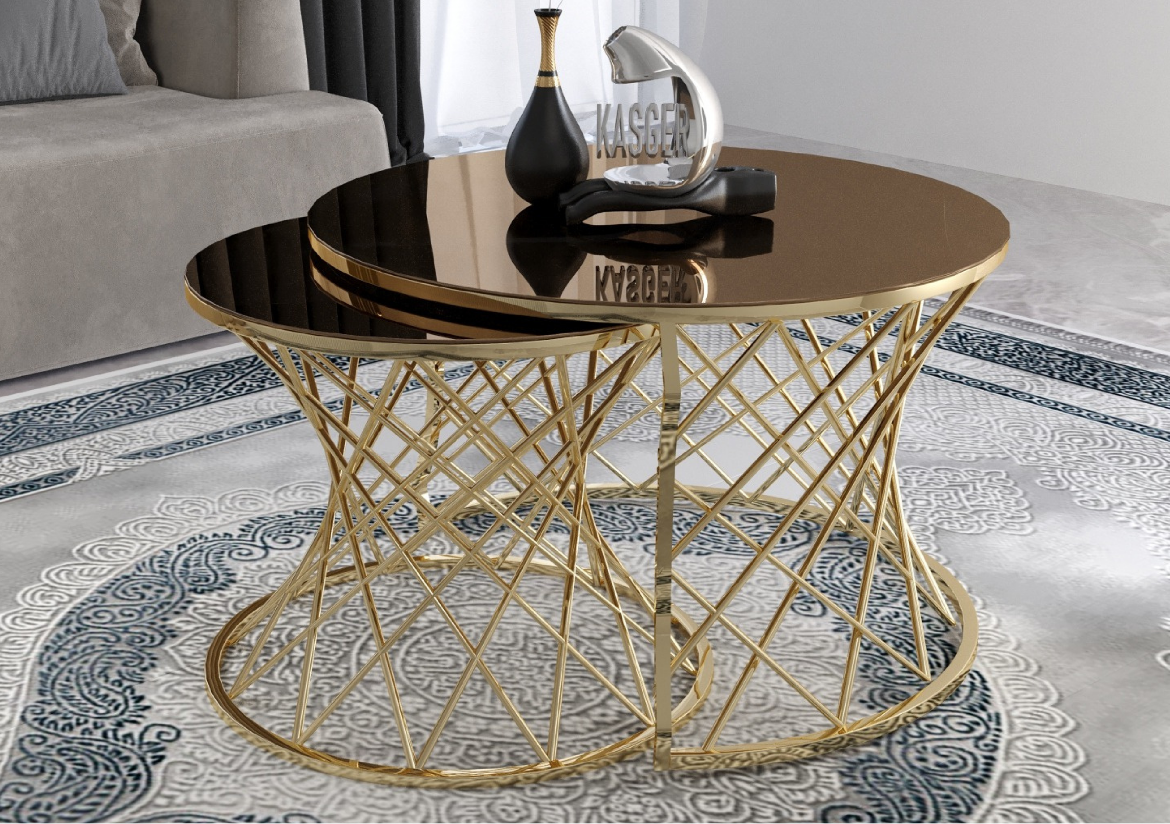 Set de mesas Hasır Doradas con espejo bronce