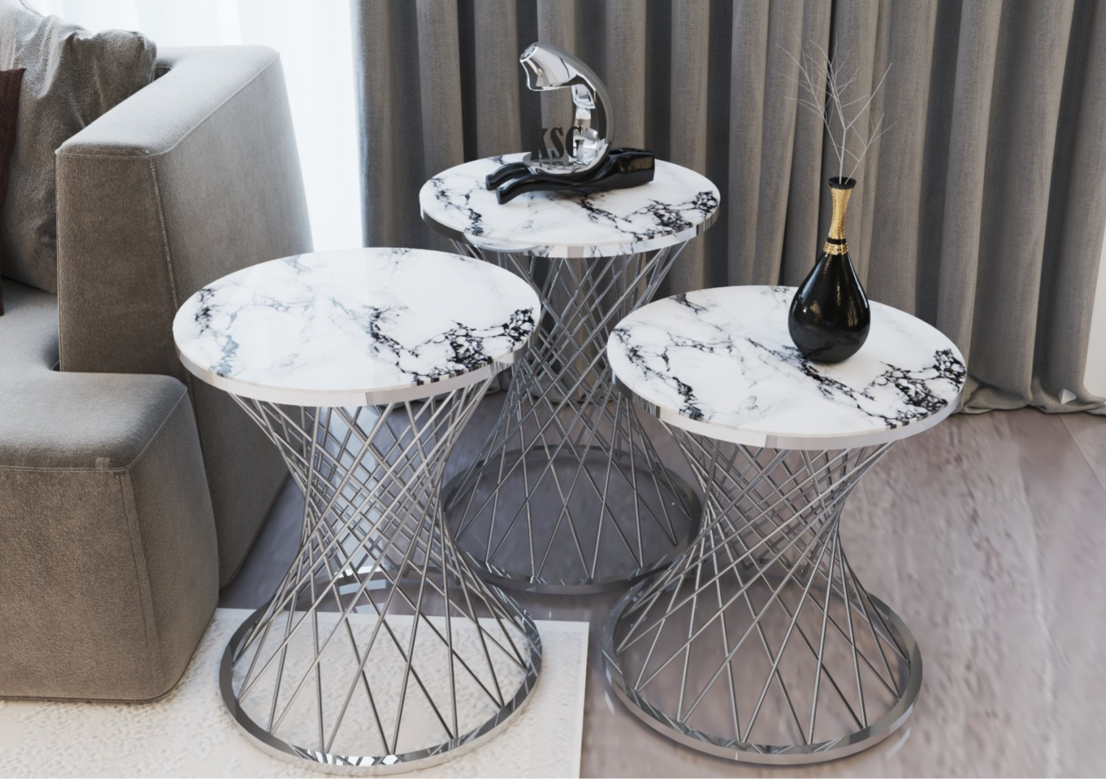 POTA Mesa Nido Redonda Sofisticada en Mármol Blanco con Vidrio Templado y Base Cromada