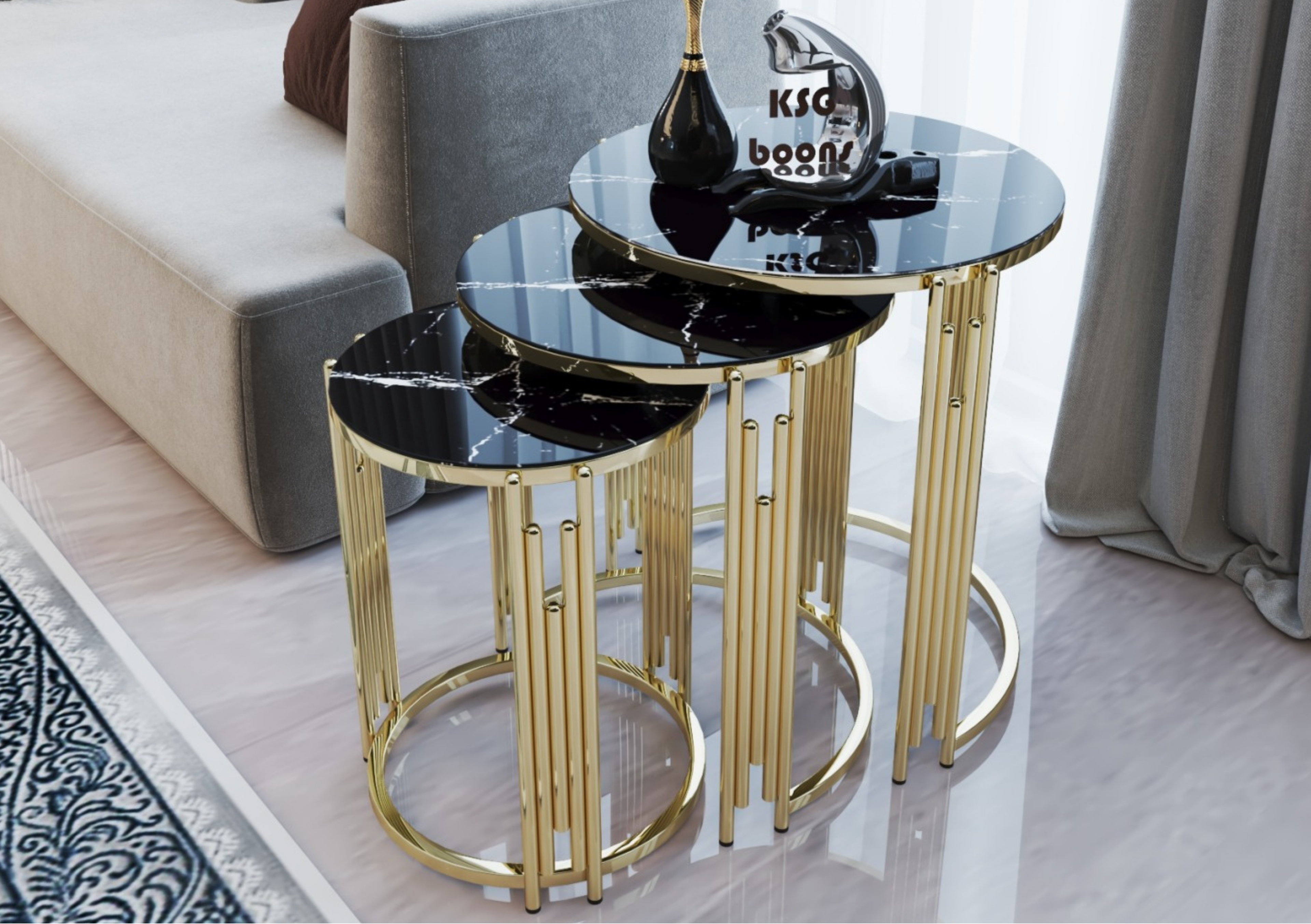 PIANO Set de Mesas Nido Redonda de Lujo - metal dorado con tapa de mármol negro