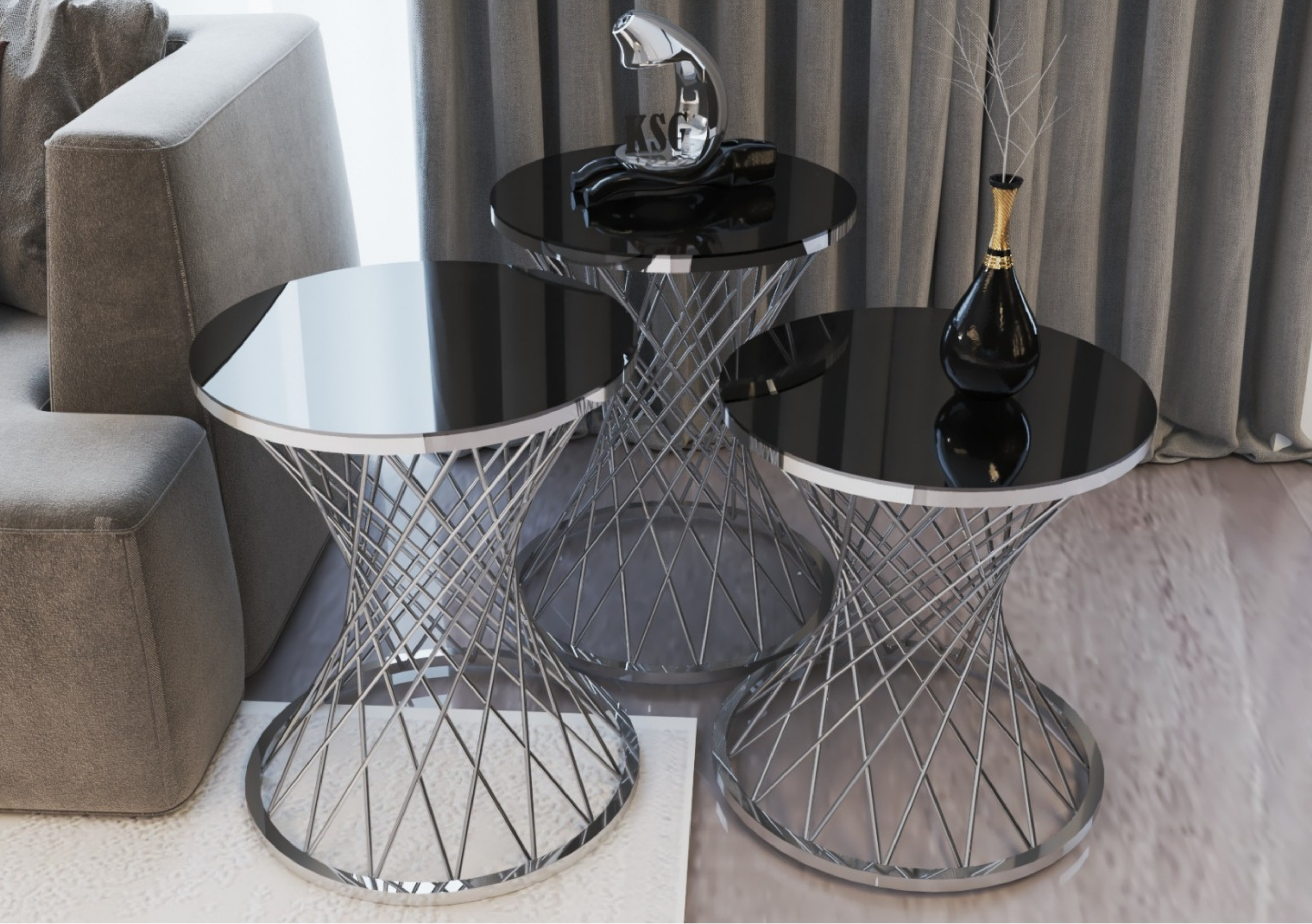 POTA Mesa Nido Redonda Moderna en Vidrio Negro Templado con Base Cromada