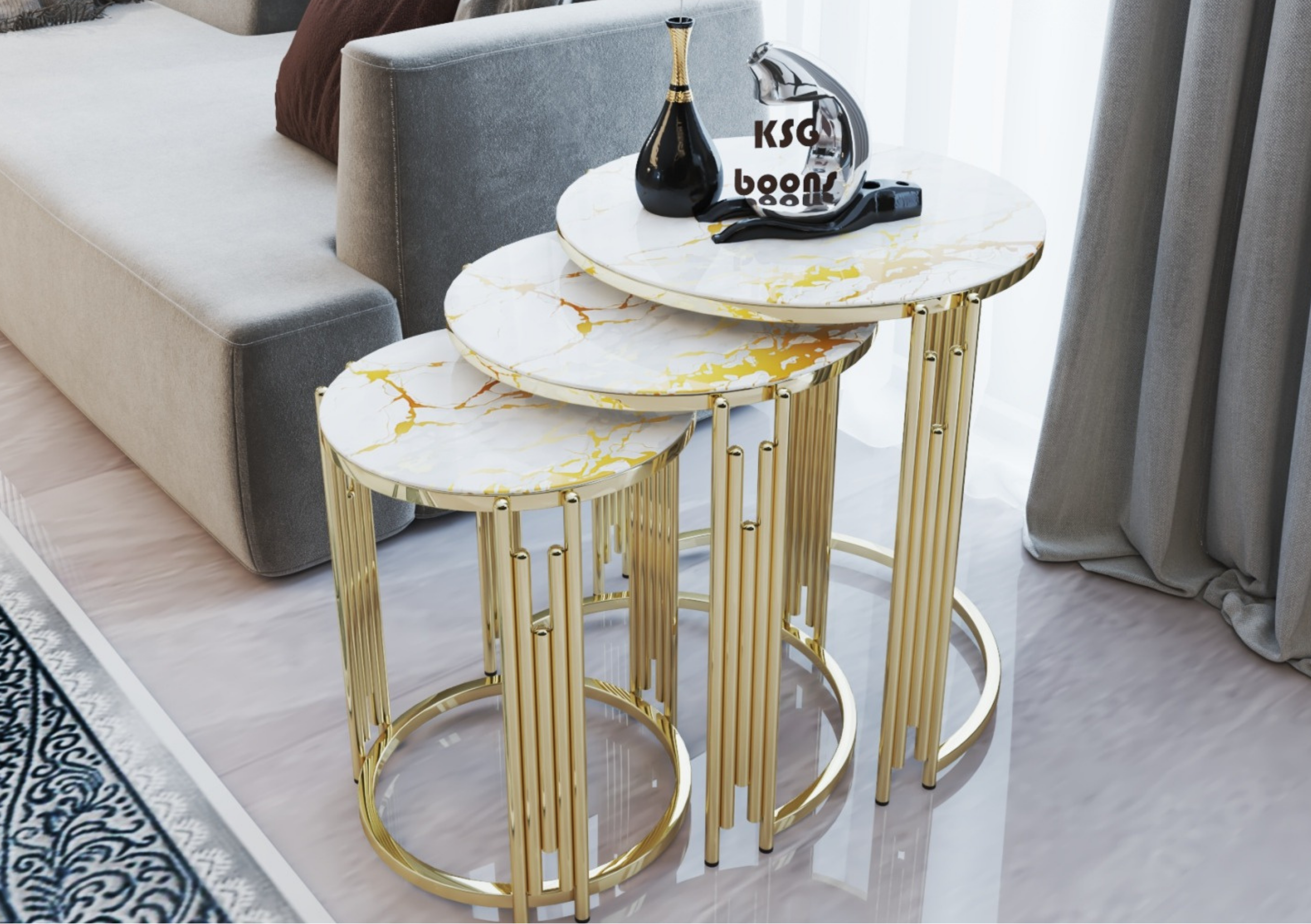 PIANO Set de Mesas Nido Redonda de Lujo - metal dorado con tapa de mármol amarillo