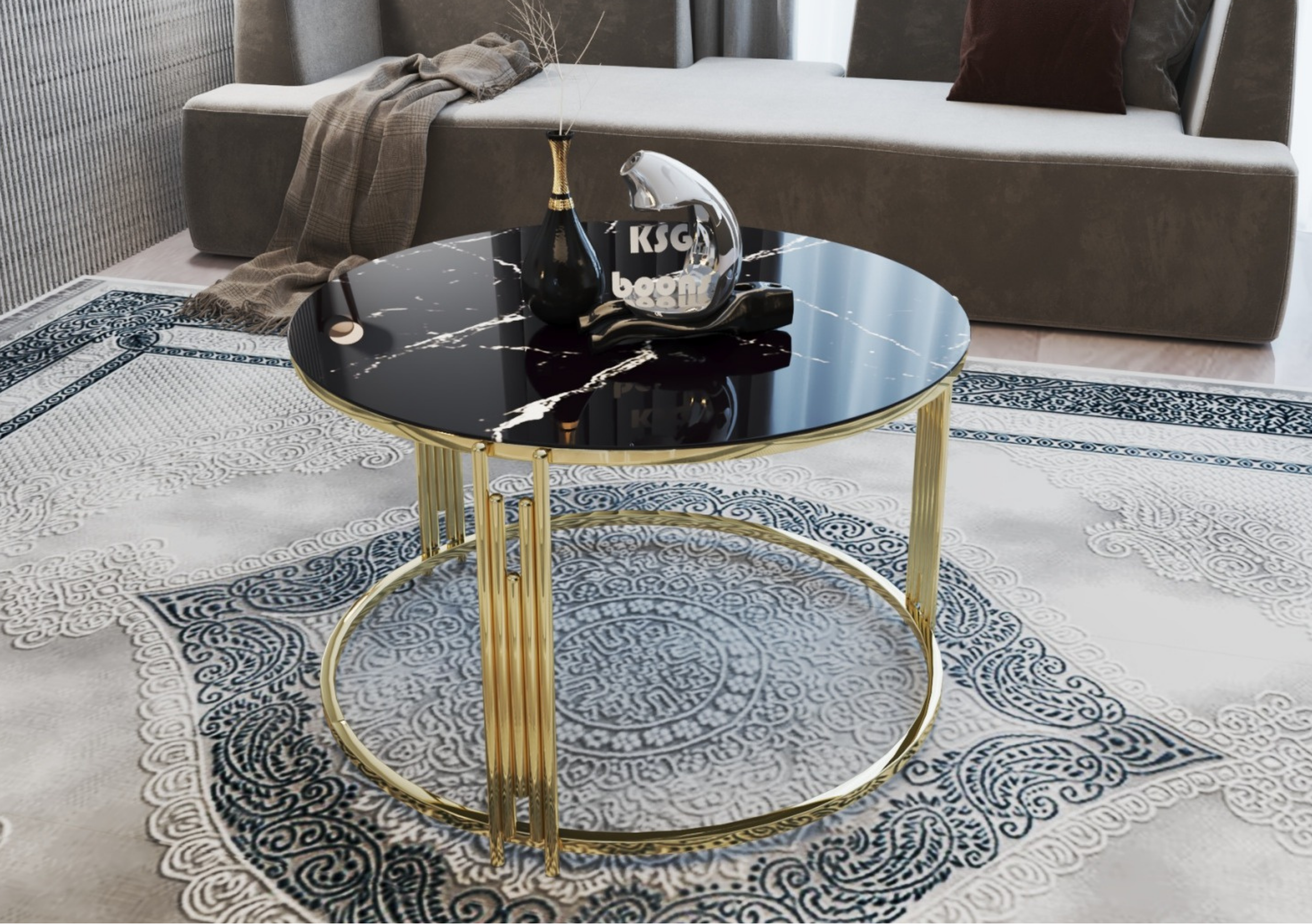 PIANO Mesa de Centro Redonda de Lujo en Mármol Negro con Vidrio Templado y Base Dorada