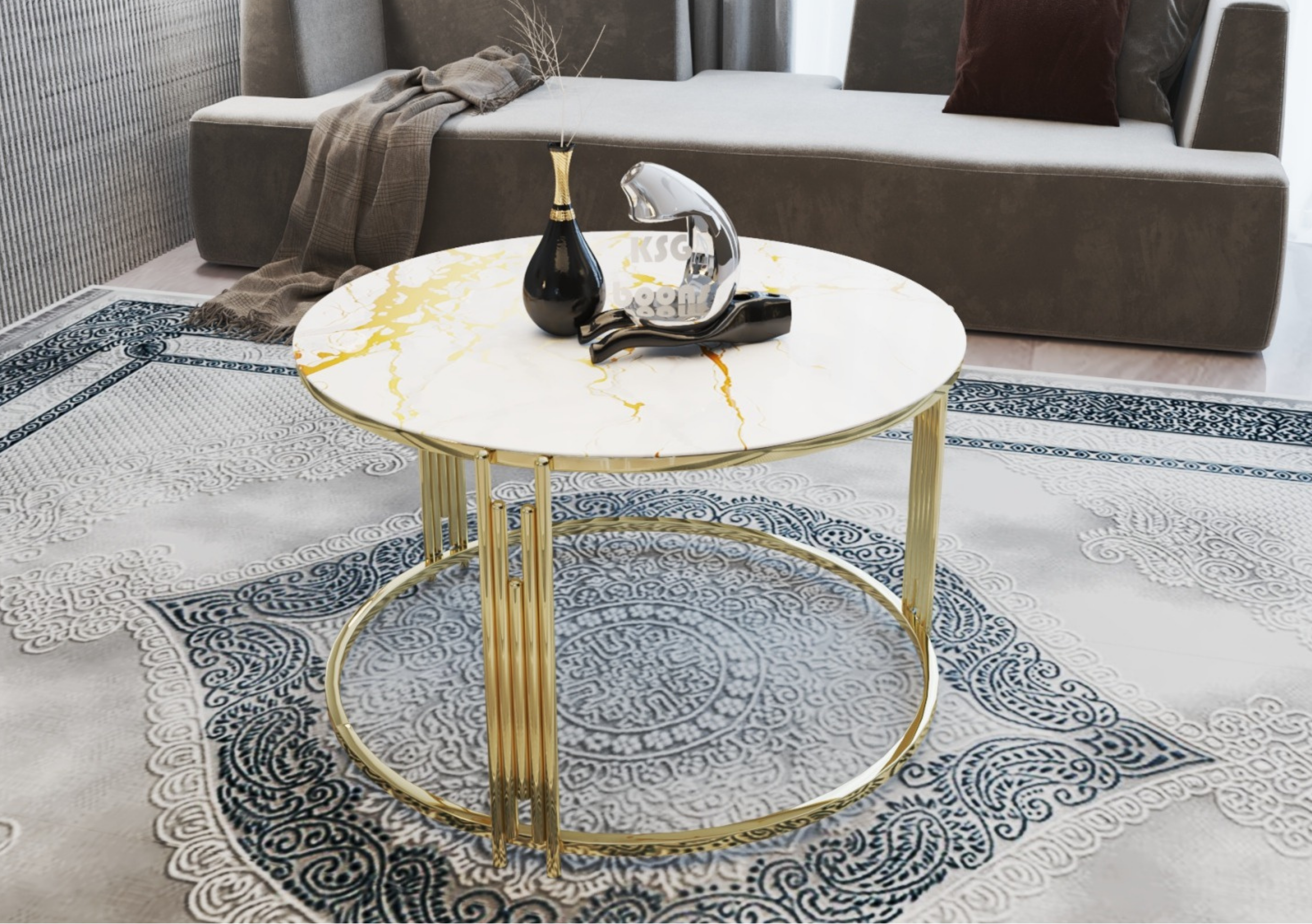 PIANO Mesa de Centro Redonda Premium en Mármol Blanco con Vidrio Templado y Base Dorada