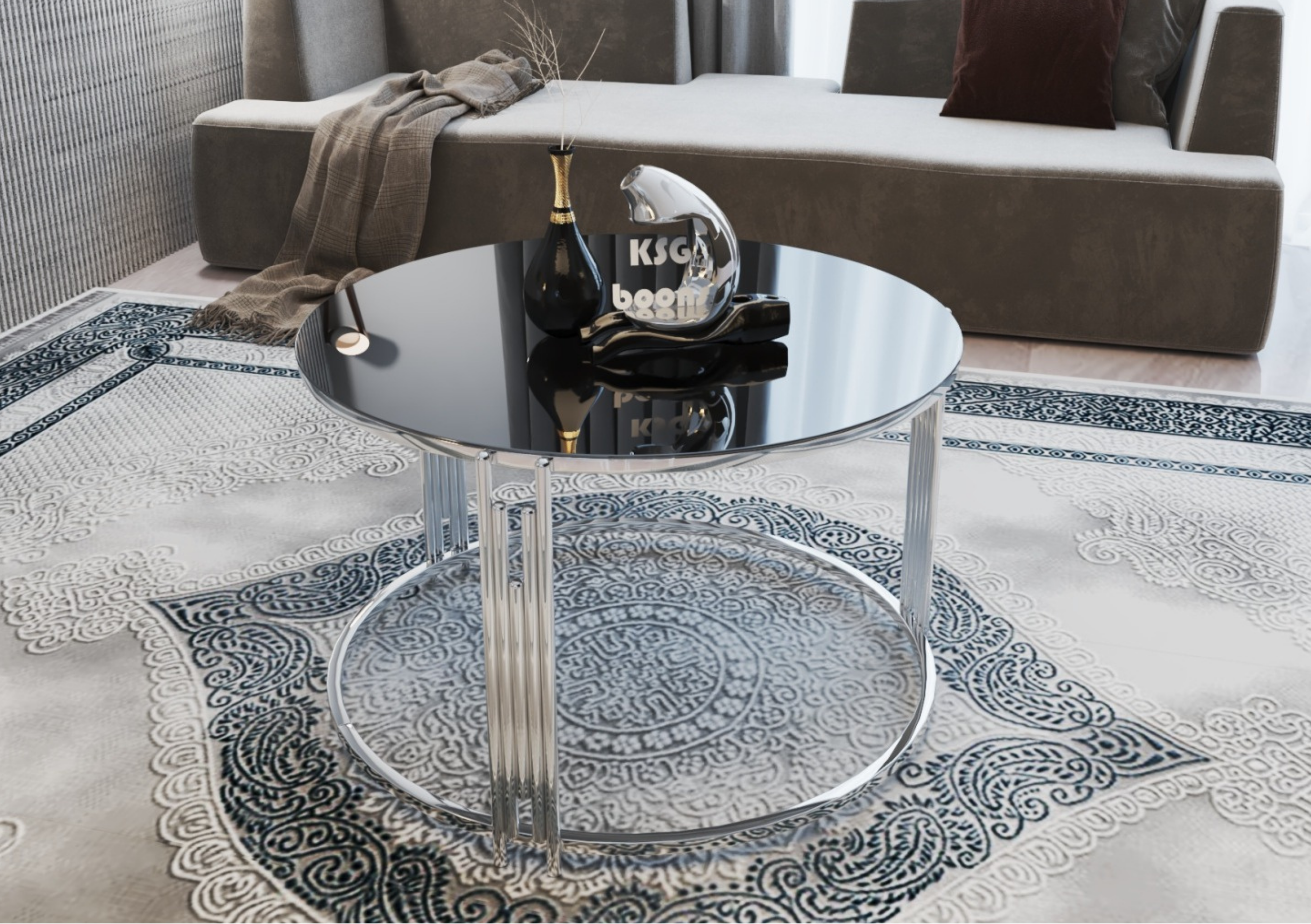 PIANO Mesa de Centro Redonda Moderna en Vidrio Negro Templado con Base Cromada