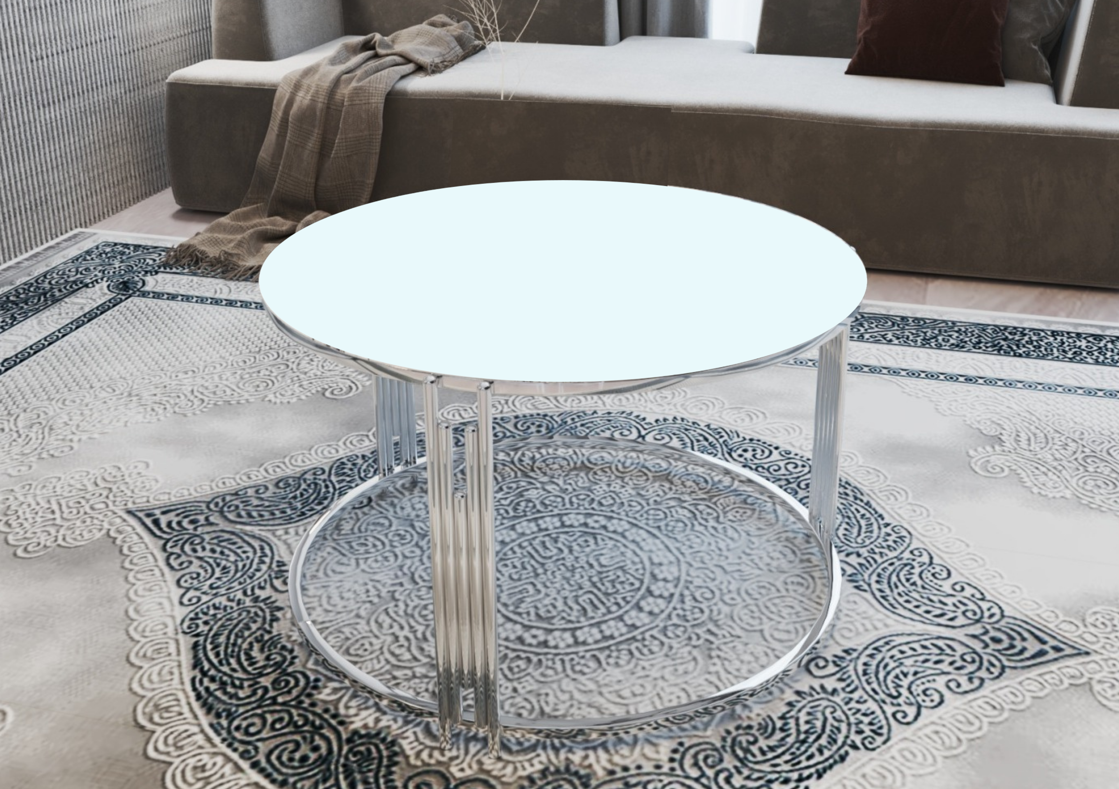 PIANO Mesa de Centro Redonda Elegante en Vidrio Blanco Templado con Base Cromada