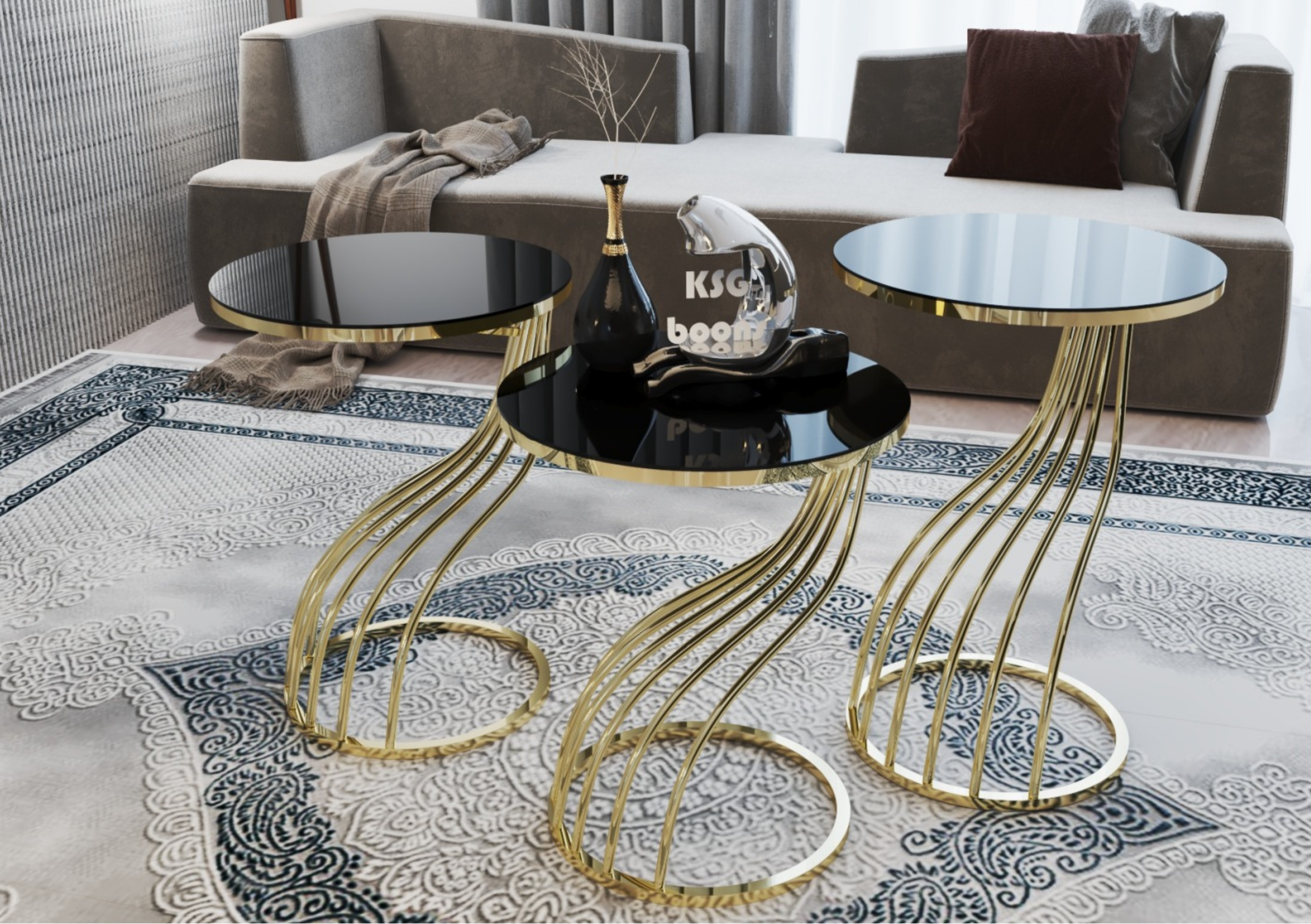 KUGU Mesa Nido Redonda Premium en Vidrio Negro Templado con Base Gold