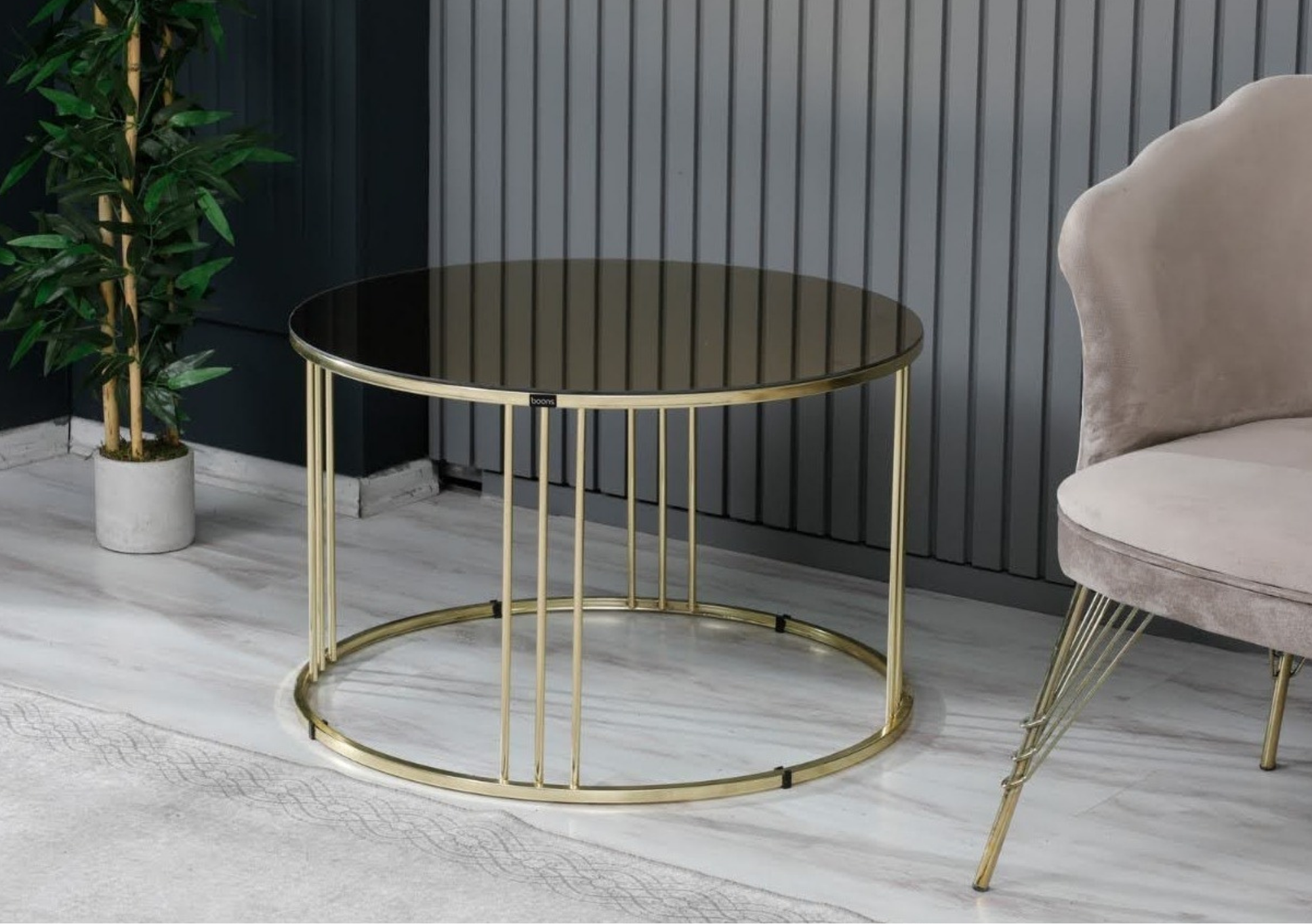 3 TUBOS Mesa de Centro Redonda de Vidrio Negro con Base Metálica Dorada