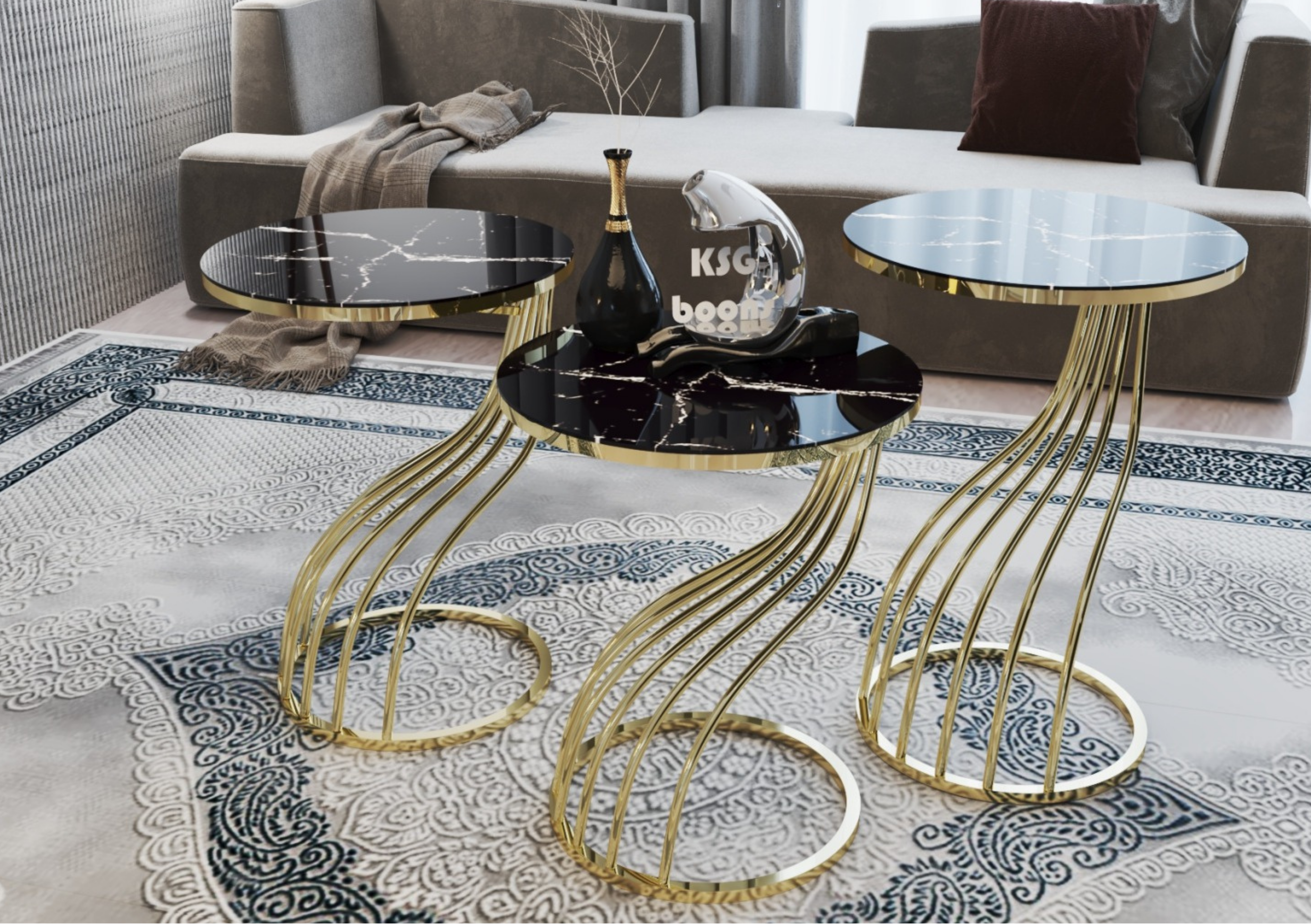 KUGU Mesa Nido Redonda de Lujo en Mármol Negro con Vidrio Templado y Base Gold