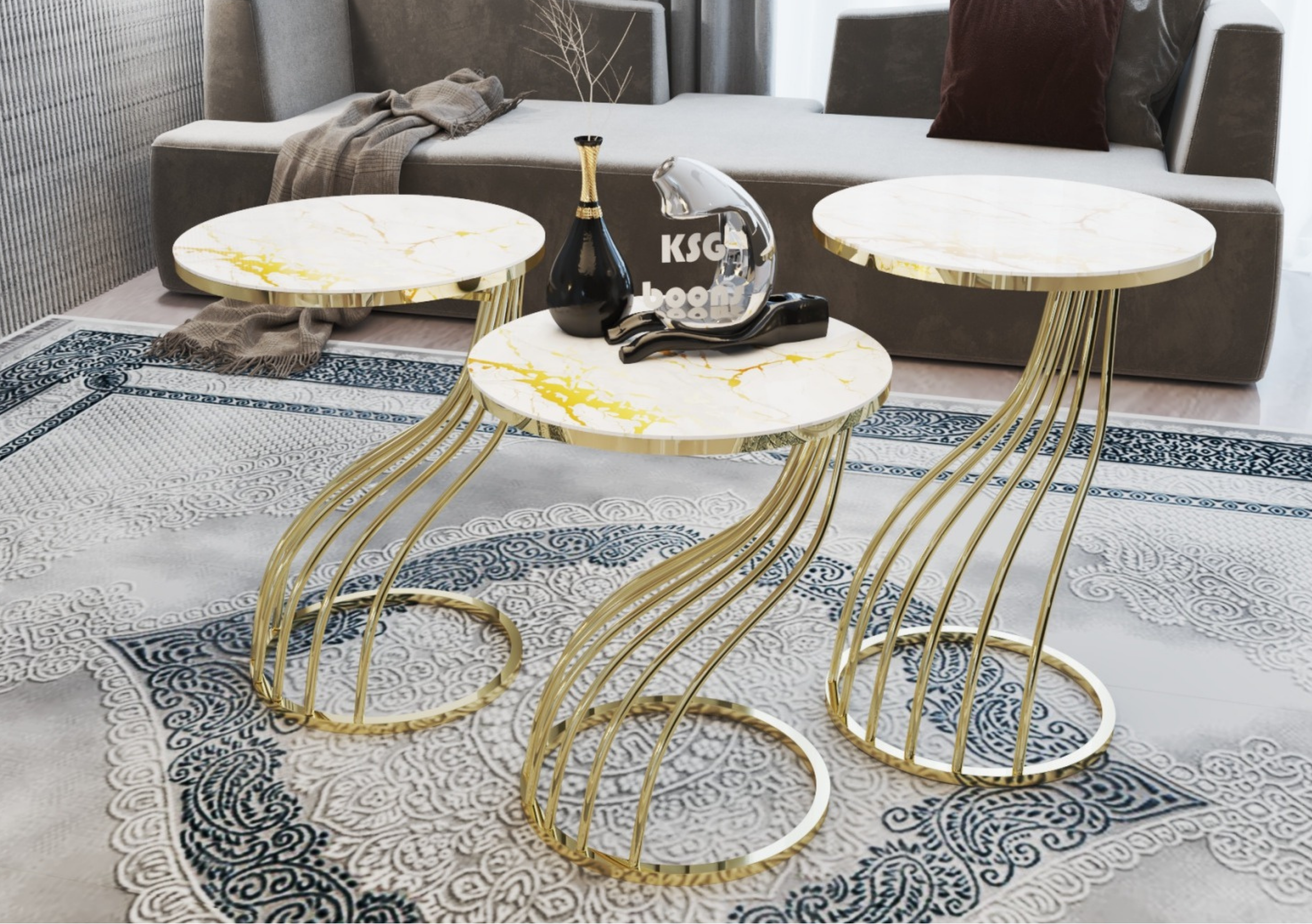 KUGU Mesa Nido Redonda Exclusiva en Mármol Blanco con Vidrio Templado y Base Gold