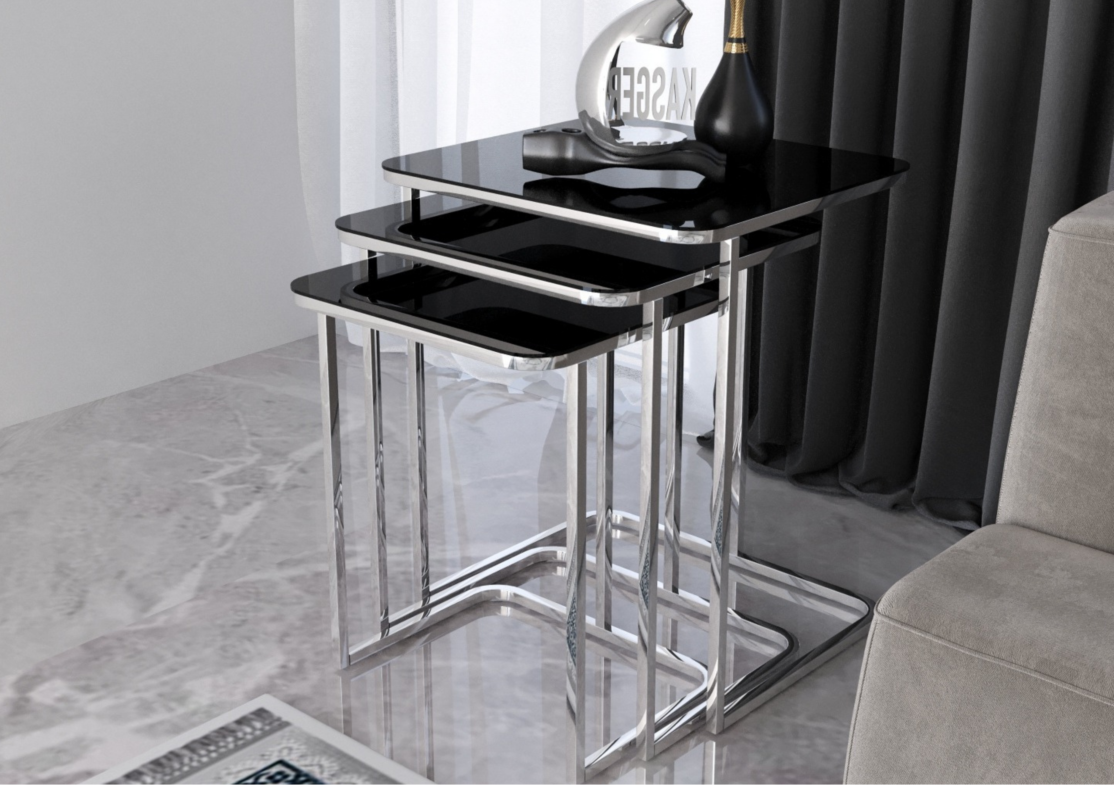 CEYLIN Mesa Nido Cuadrada Moderna en Mármol Negro con Vidrio Templado y Base Cromada