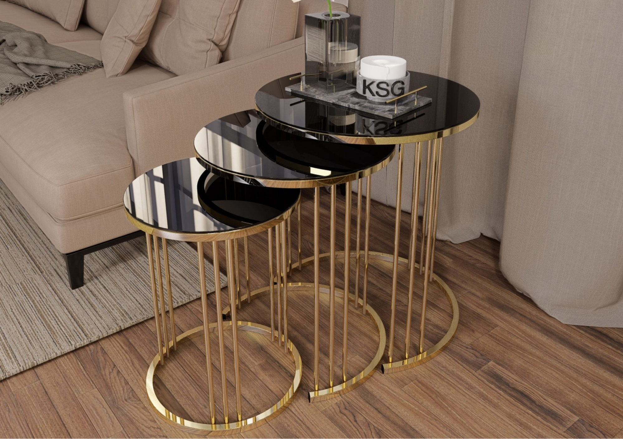 3 TUBOS Set de Mesas Auxiliares Anidadas de Vidrio Negro con Base Dorada