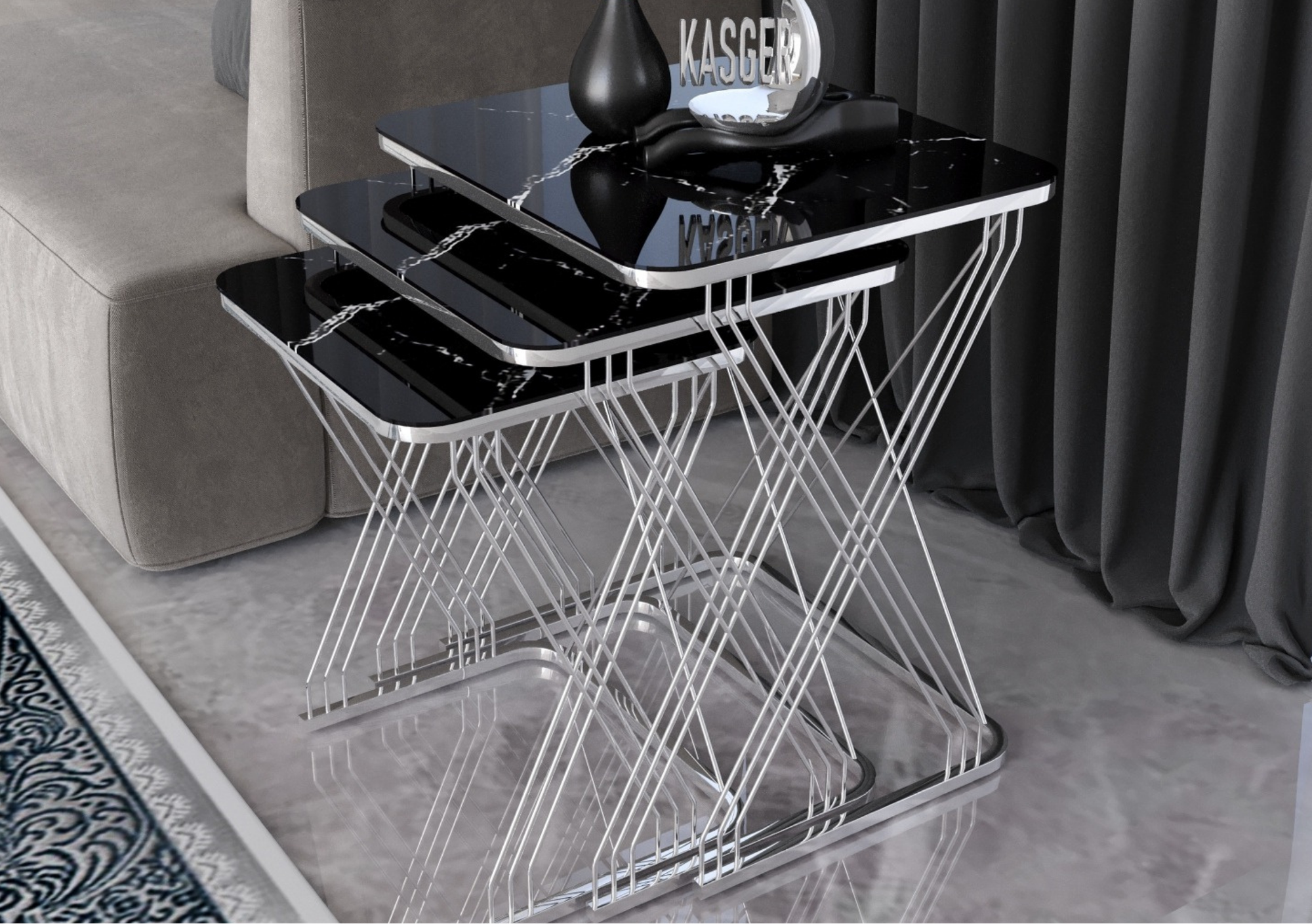 HASIR Set de Mesas Nido Cuadradas de Lujo – Metal Cromado y Mármol Negro