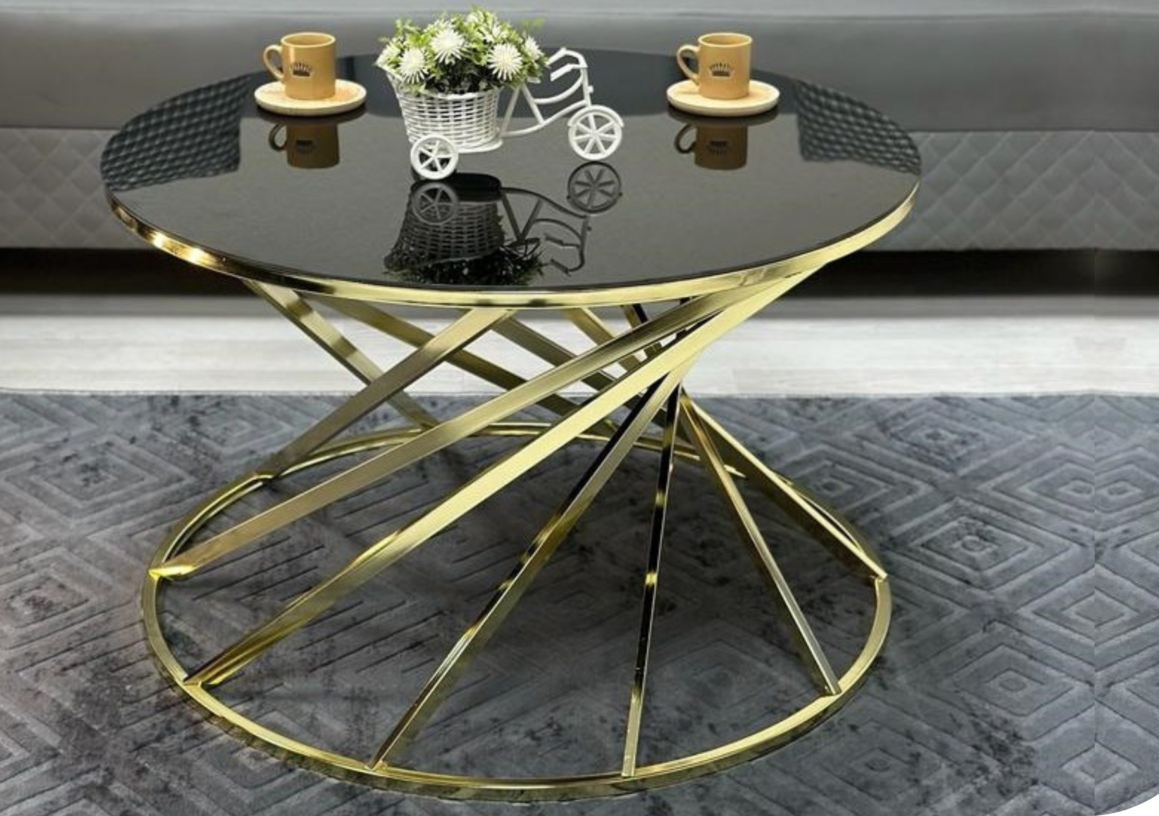 YELPAZE Mesa de Centro Redonda de Lujo en vidrio reflectivo bronce y Base Dorada