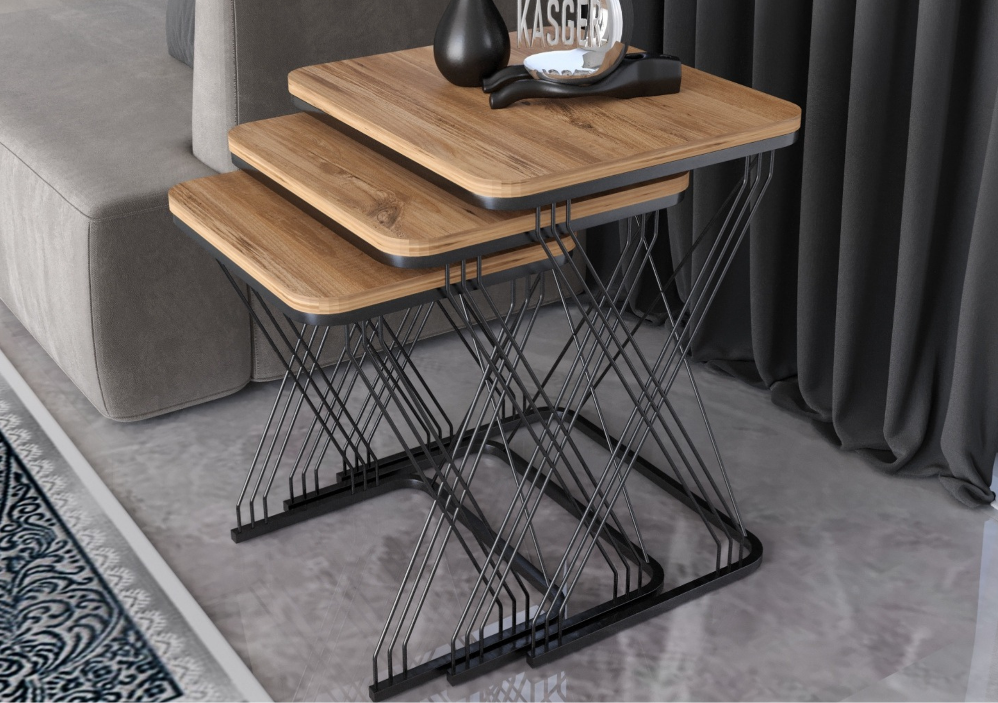 HASIR Set de Mesas Nido Cuadradas – Metal Negro y Cubierta Color Roble