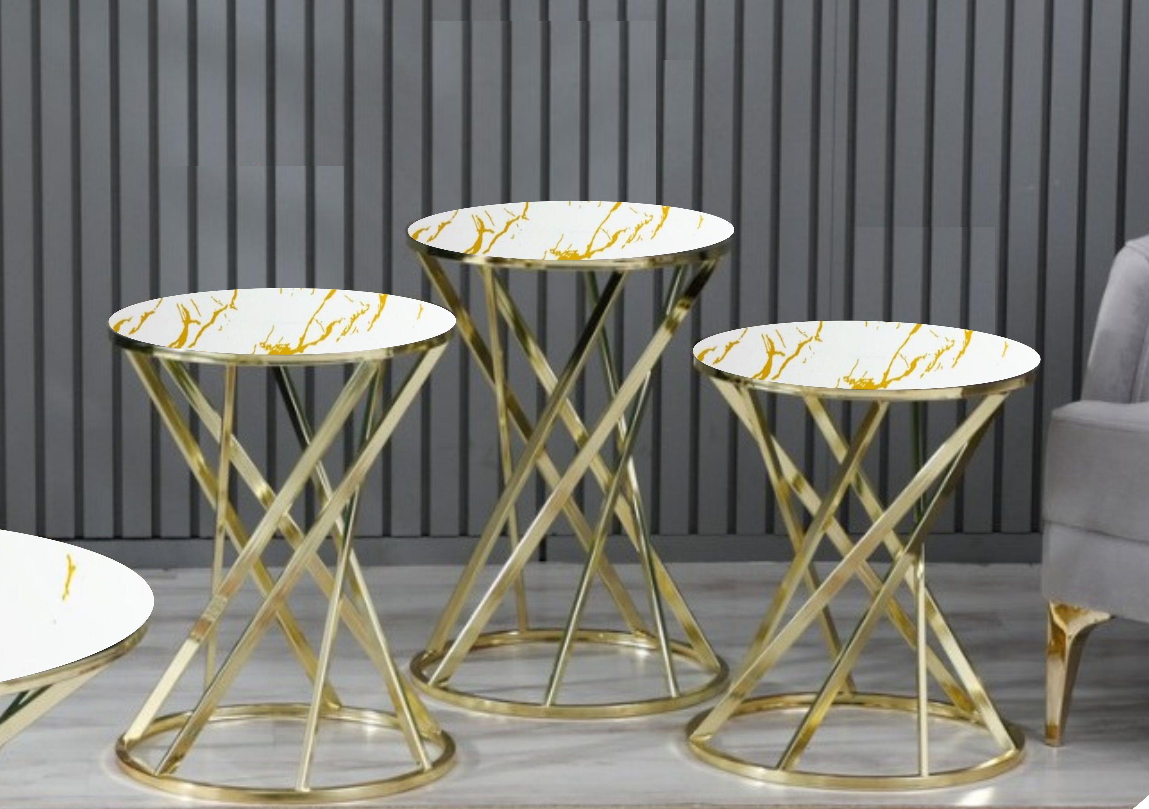 YELPAZE Mesa Nido Redonda Exclusiva en Mármol Blanco con Vetas Doradas y Base Dorada