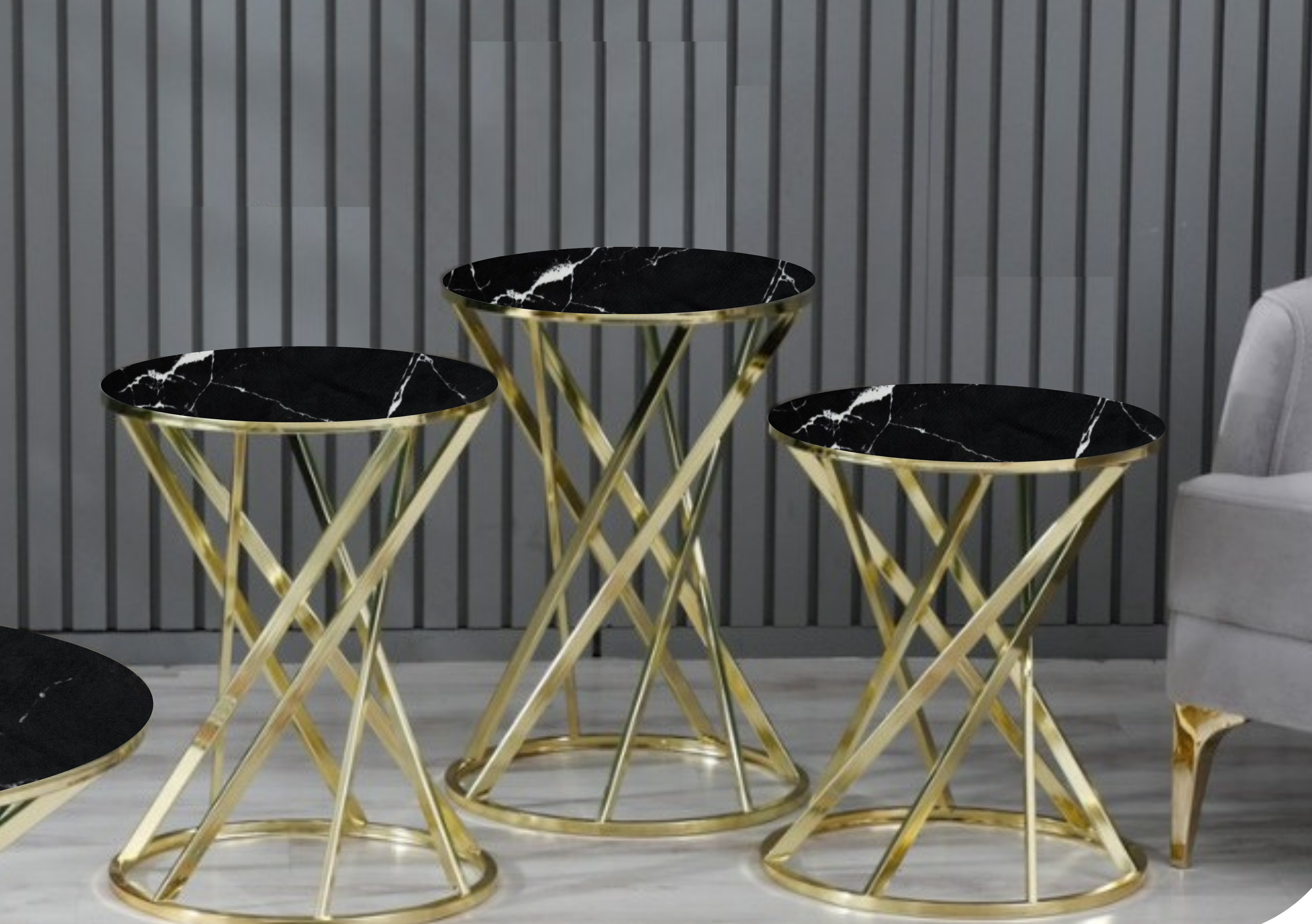 YELPAZE Mesa Nido Redonda Elegante en Mármol Negro con Vidrio Templado y Base Dorada