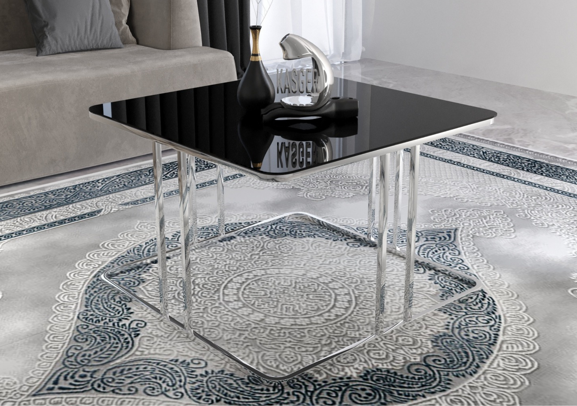 CEYLIN Mesa Auxiliar Cuadrada de Lujo – Metal Cromado y Vidrio Negro