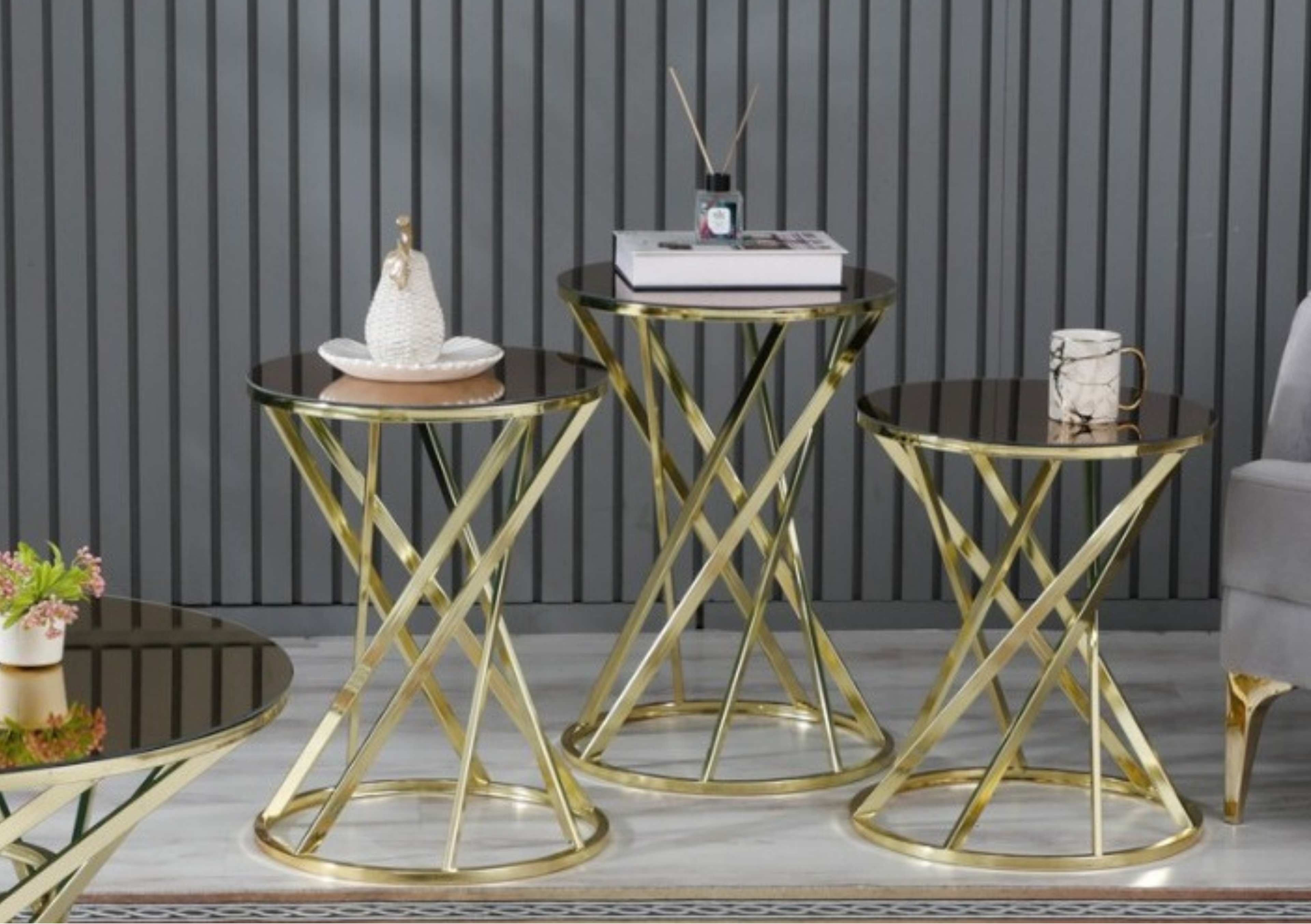 YELPAZE Mesa Nido Redonda de Lujo en Vidrio Espejo Bronce con Base Dorada